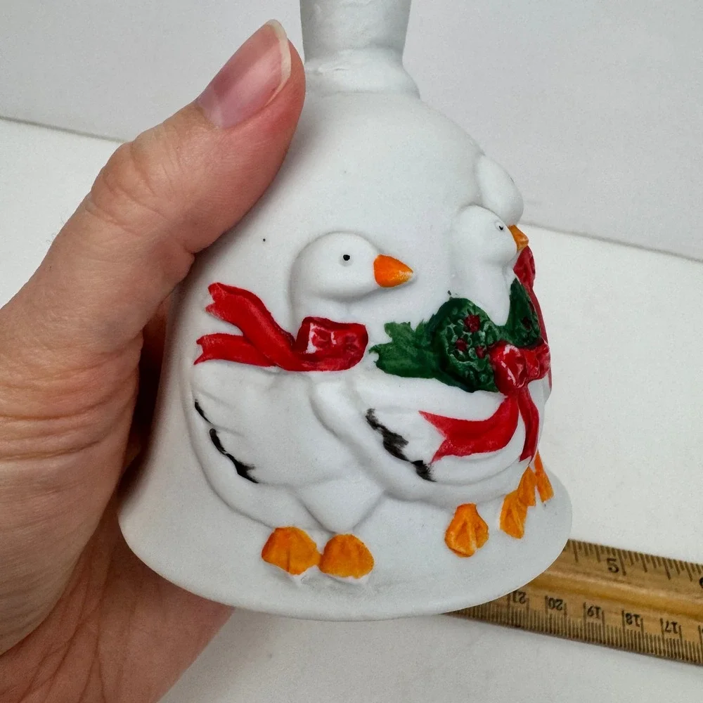 Vtg White Ceramic Unglazed Christmas Holiday Goose Hand Bell 3D Red Green READ
